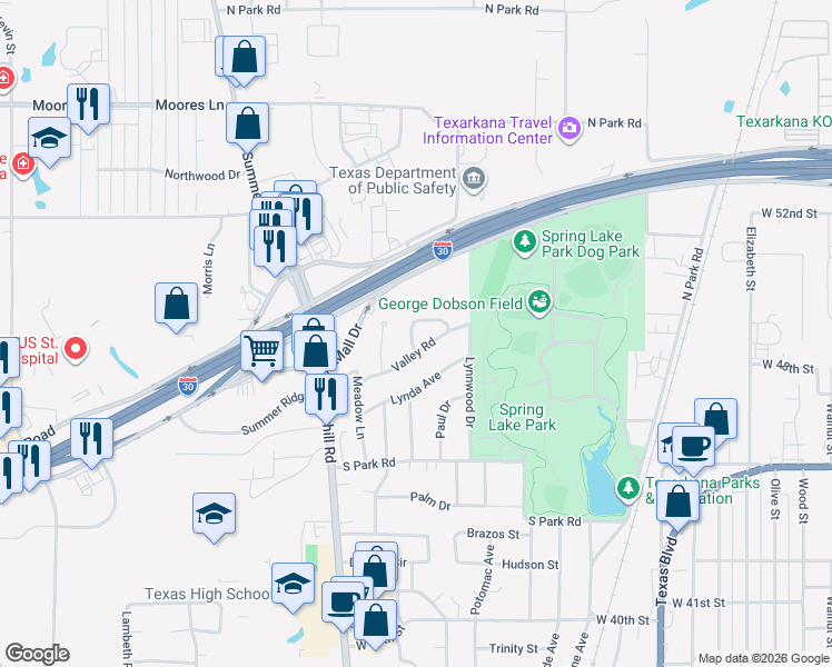 map of restaurants, bars, coffee shops, grocery stores, and more near 80 Valley Road in Texarkana