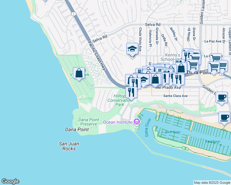 map of restaurants, bars, coffee shops, grocery stores, and more near 35 Shoreline Drive in Dana Point