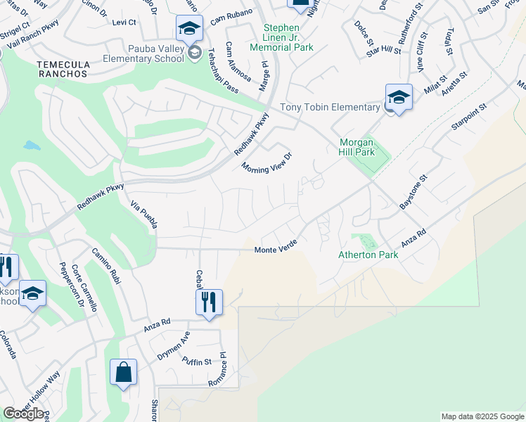 map of restaurants, bars, coffee shops, grocery stores, and more near 33378 Barmetta Lane in Temecula