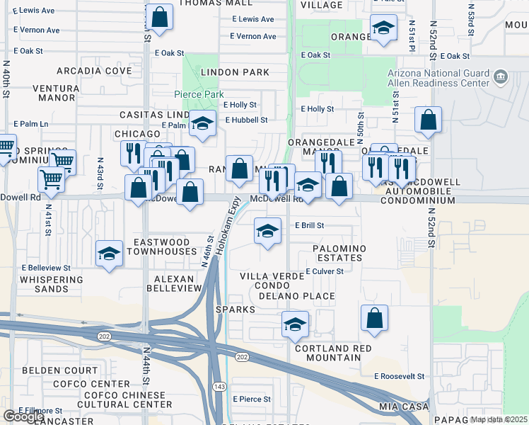 map of restaurants, bars, coffee shops, grocery stores, and more near 4707 East McDowell Road in Phoenix