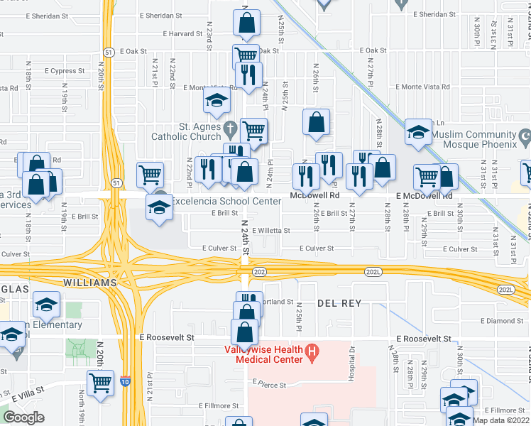 map of restaurants, bars, coffee shops, grocery stores, and more near 2433 East McDowell Road in Phoenix