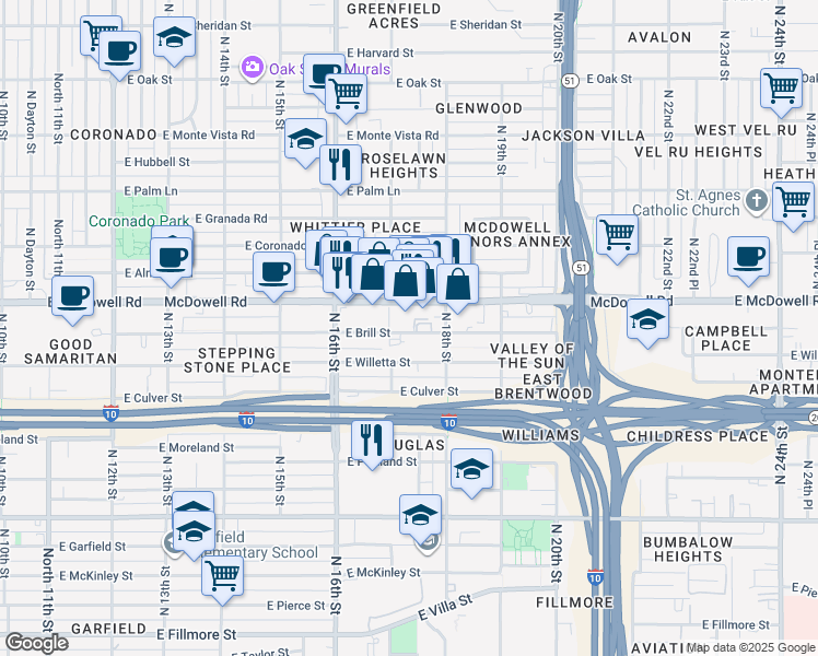 map of restaurants, bars, coffee shops, grocery stores, and more near 1701 East McDowell Road in Phoenix