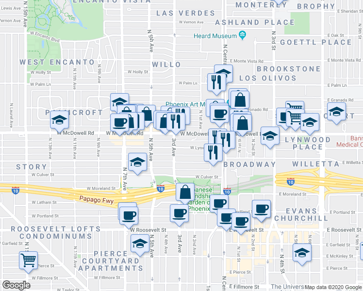 map of restaurants, bars, coffee shops, grocery stores, and more near 70 West Lynwood Street in Phoenix