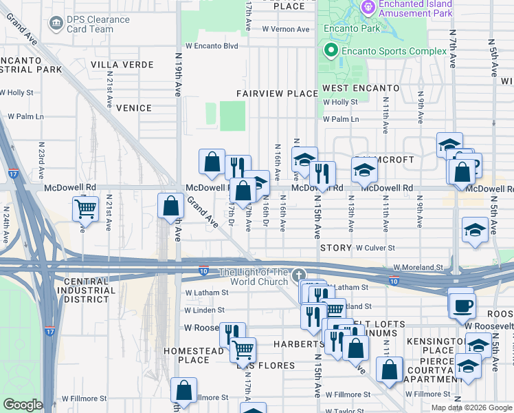 map of restaurants, bars, coffee shops, grocery stores, and more near 1645 West McDowell Road in Phoenix