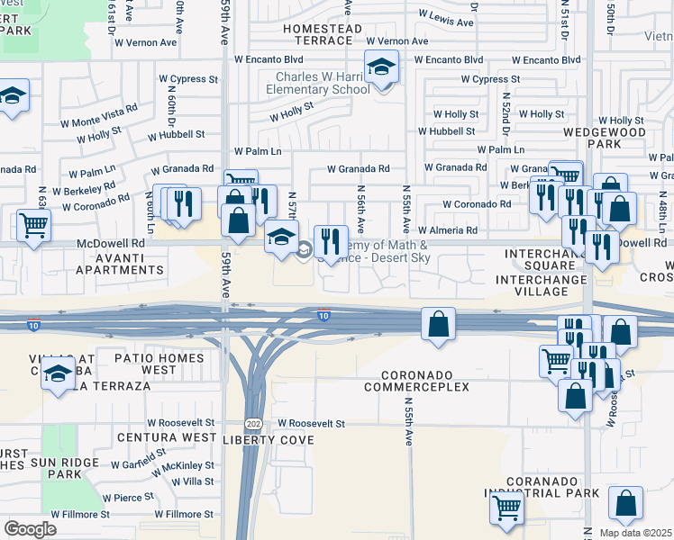 map of restaurants, bars, coffee shops, grocery stores, and more near 5601 West McDowell Road in Phoenix