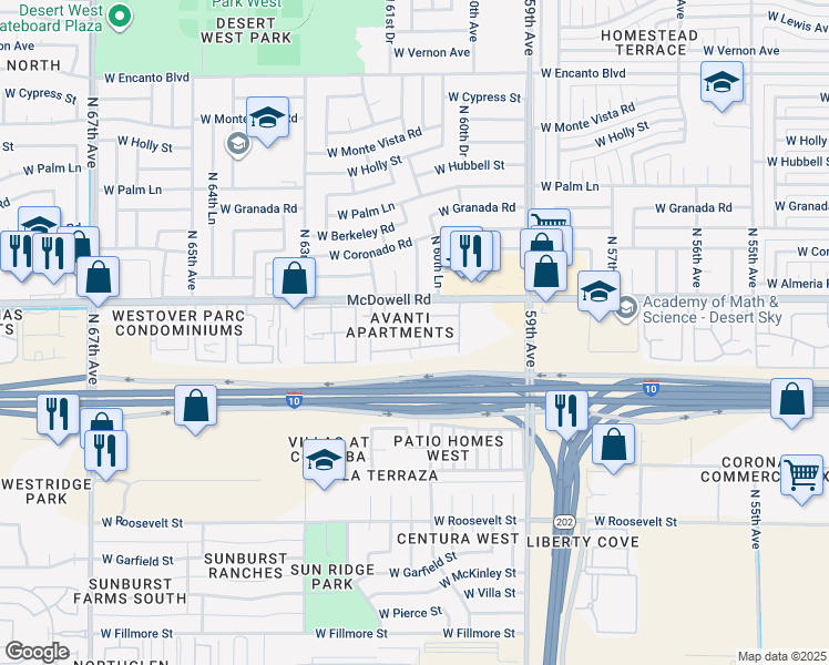 map of restaurants, bars, coffee shops, grocery stores, and more near 6161 West McDowell Road in Phoenix