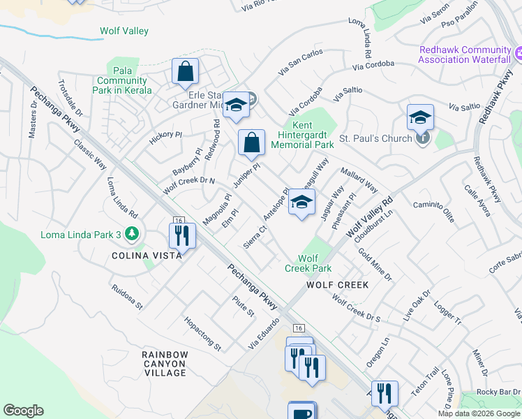 map of restaurants, bars, coffee shops, grocery stores, and more near 45595 Basswood Court in Temecula