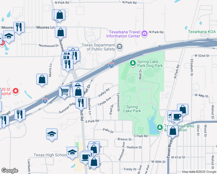 map of restaurants, bars, coffee shops, grocery stores, and more near 80 Valley Road in Texarkana