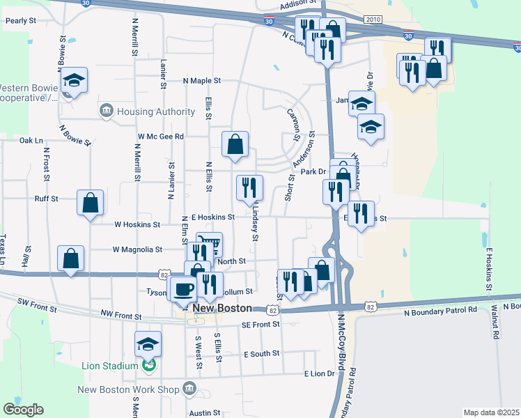 map of restaurants, bars, coffee shops, grocery stores, and more near 400 North Lindsey Street in New Boston