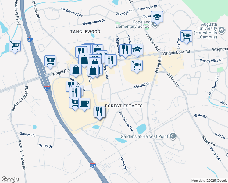 map of restaurants, bars, coffee shops, grocery stores, and more near 3341 Idlewild Drive in Augusta