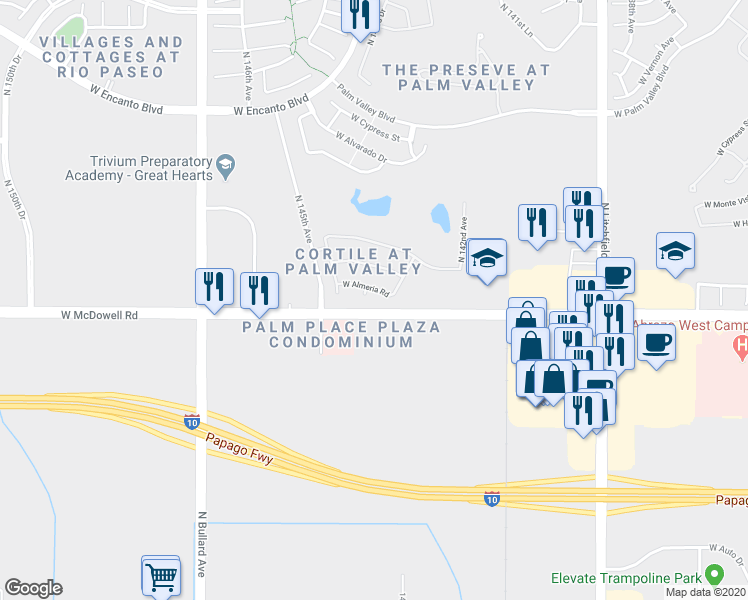 map of restaurants, bars, coffee shops, grocery stores, and more near 1635 N 144th Ave in Goodyear