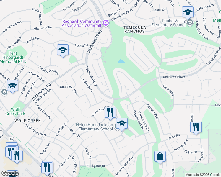 map of restaurants, bars, coffee shops, grocery stores, and more near 45540 Vía Jaca in Temecula