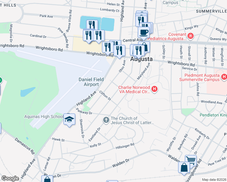 map of restaurants, bars, coffee shops, grocery stores, and more near 1909 Pennsylvania Avenue in Augusta