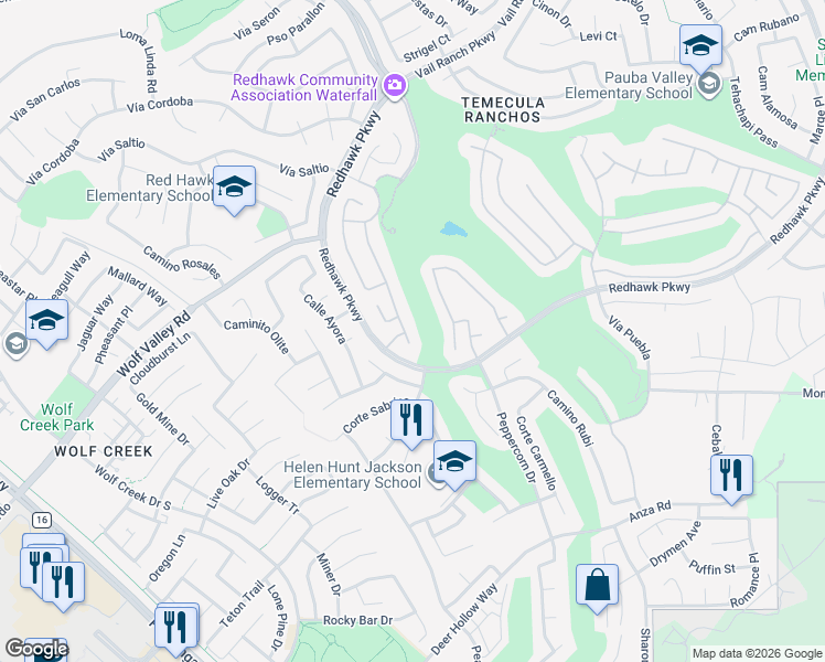 map of restaurants, bars, coffee shops, grocery stores, and more near 45549 Corte Narbonne in Temecula