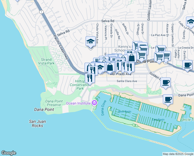 map of restaurants, bars, coffee shops, grocery stores, and more near 34262 Street of the Blue Lantern in Dana Point