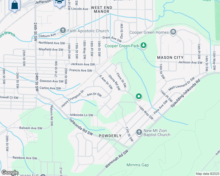map of restaurants, bars, coffee shops, grocery stores, and more near 233 East Ann Drive Southwest in Birmingham