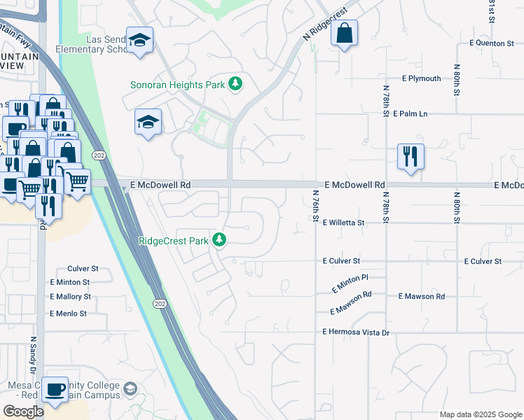 map of restaurants, bars, coffee shops, grocery stores, and more near 7434 East Nance Street in Mesa