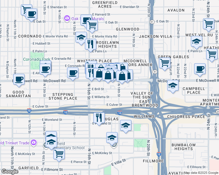 map of restaurants, bars, coffee shops, grocery stores, and more near 1717 East McDowell Road in Phoenix