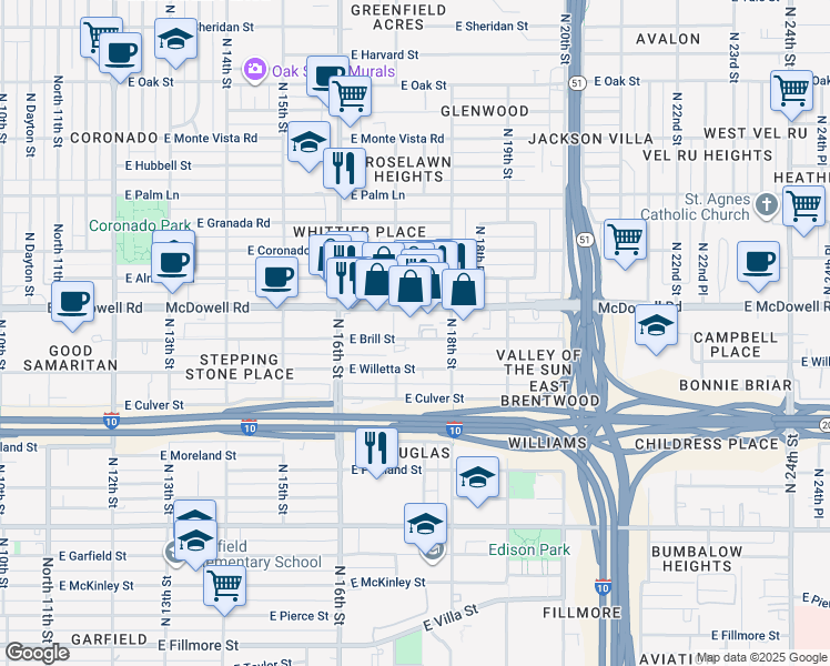 map of restaurants, bars, coffee shops, grocery stores, and more near 1717 East McDowell Road in Phoenix