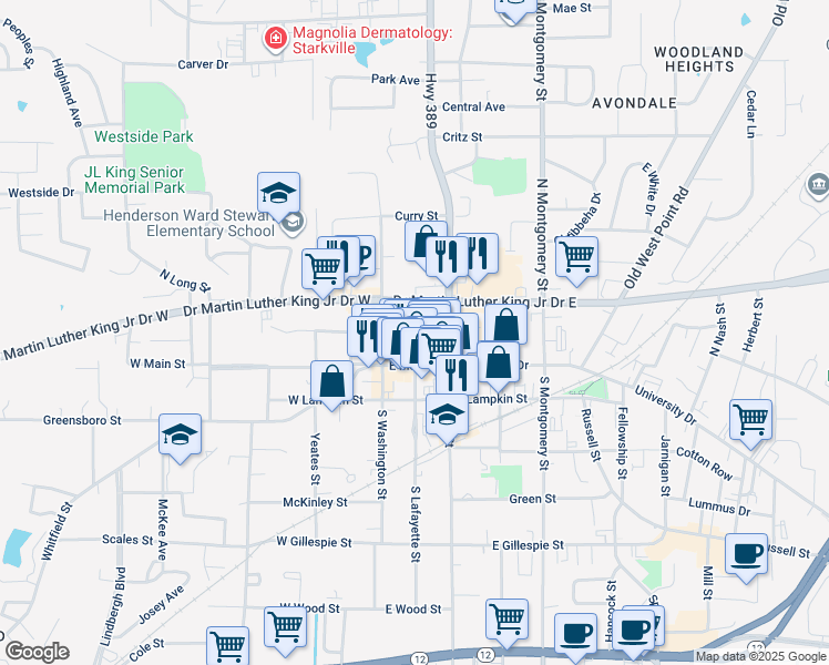 map of restaurants, bars, coffee shops, grocery stores, and more near 200 North Lafayette Street in Starkville