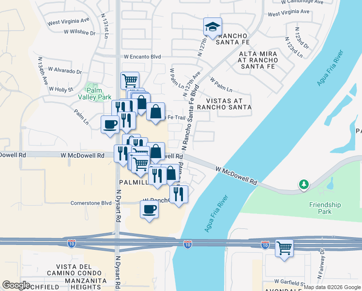 map of restaurants, bars, coffee shops, grocery stores, and more near 1609 North 127th Avenue in Avondale