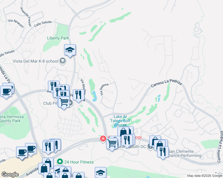 map of restaurants, bars, coffee shops, grocery stores, and more near 113 Via Plumosa in San Clemente
