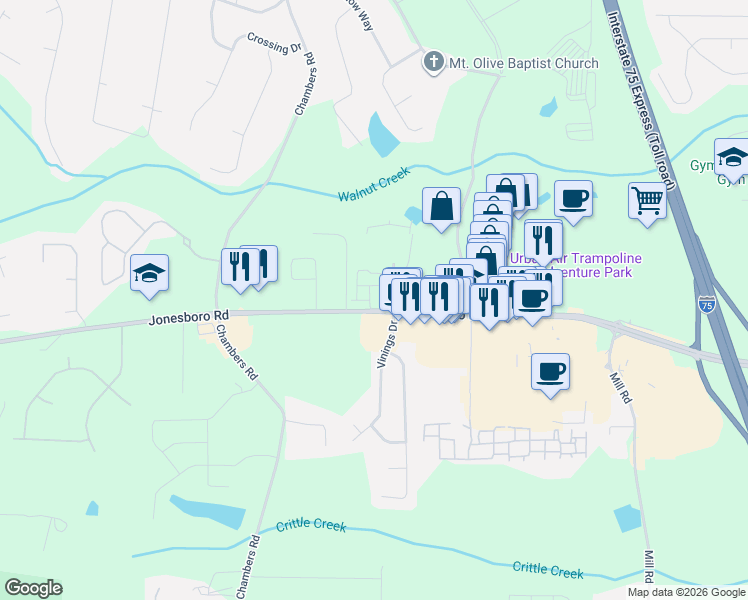 map of restaurants, bars, coffee shops, grocery stores, and more near 98 Vinings Drive in McDonough