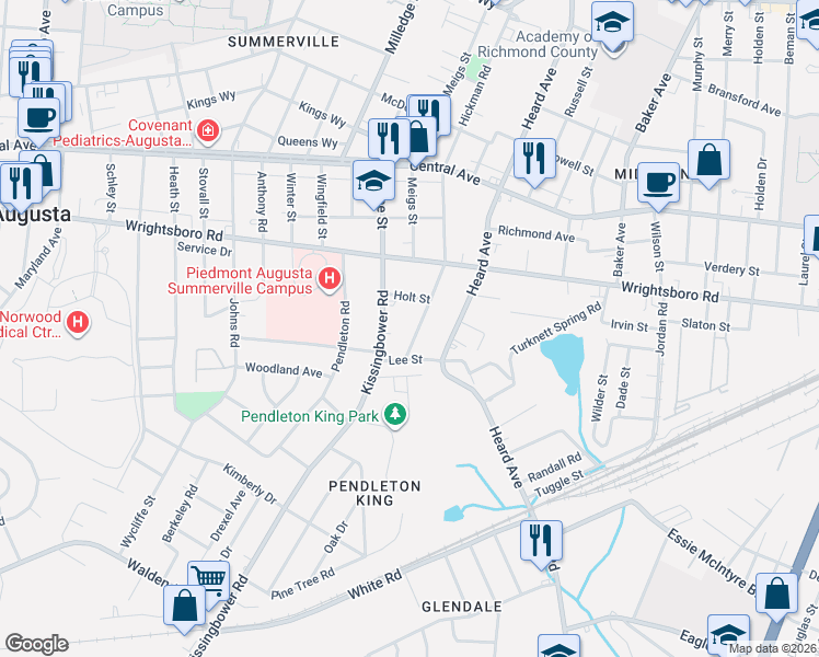 map of restaurants, bars, coffee shops, grocery stores, and more near 1446 Troupe Street in Augusta