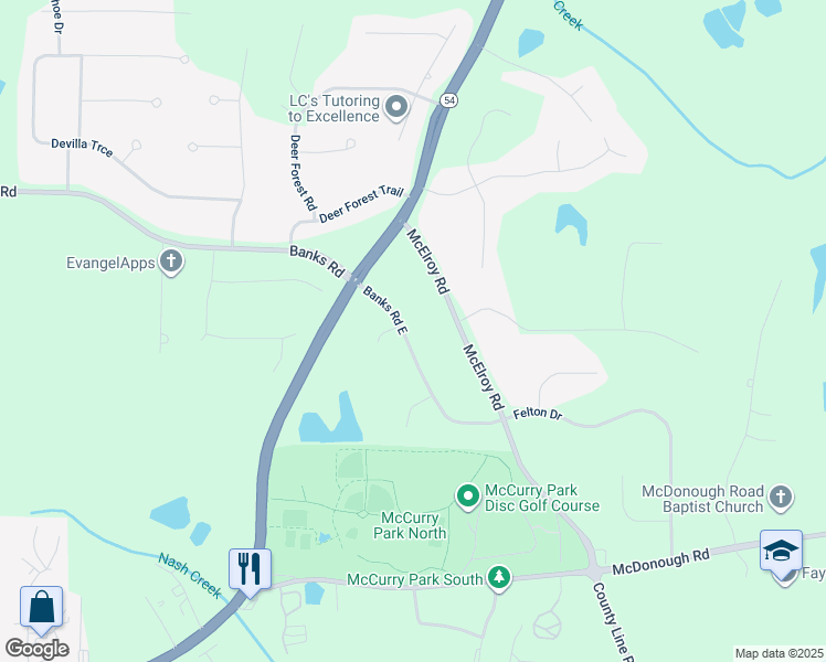 map of restaurants, bars, coffee shops, grocery stores, and more near 542 Banks Road East in Fayetteville
