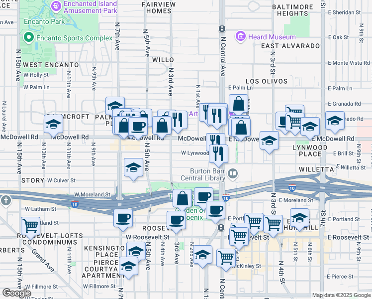 map of restaurants, bars, coffee shops, grocery stores, and more near 70 West Lynwood Street in Phoenix
