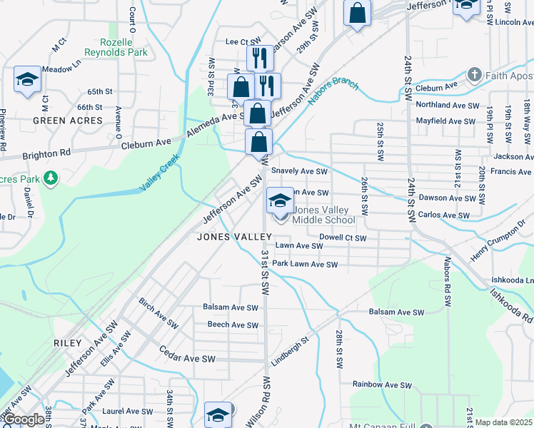map of restaurants, bars, coffee shops, grocery stores, and more near 2000 31st Street Southwest in Birmingham
