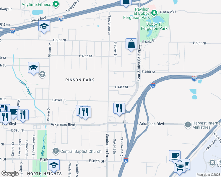 map of restaurants, bars, coffee shops, grocery stores, and more near 4302 Sanderson Lane in Texarkana