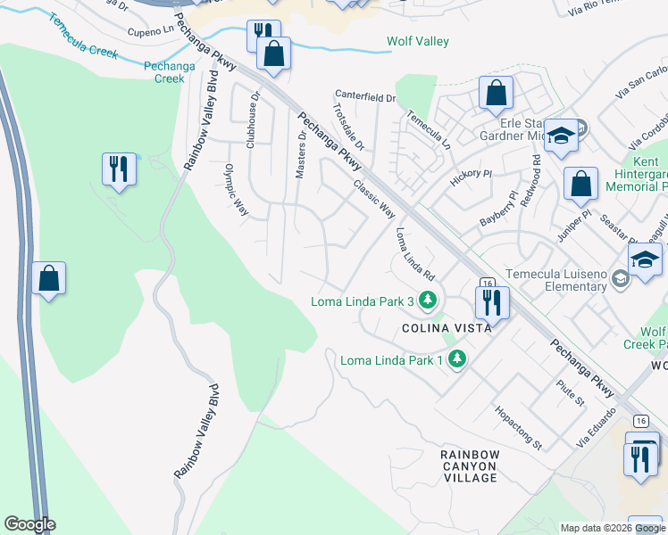 map of restaurants, bars, coffee shops, grocery stores, and more near 45928 Clubhouse Drive in Temecula