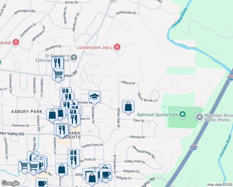 map of restaurants, bars, coffee shops, grocery stores, and more near 3285 Farrington Wood Drive in Vestavia Hills