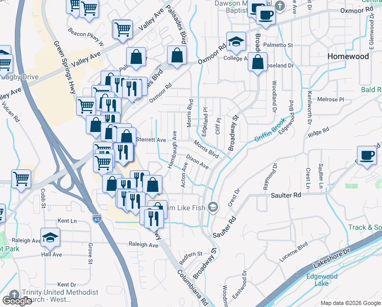 map of restaurants, bars, coffee shops, grocery stores, and more near 314 Dixon Avenue in Birmingham