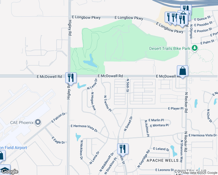 map of restaurants, bars, coffee shops, grocery stores, and more near 2716 North Wright Way in Mesa