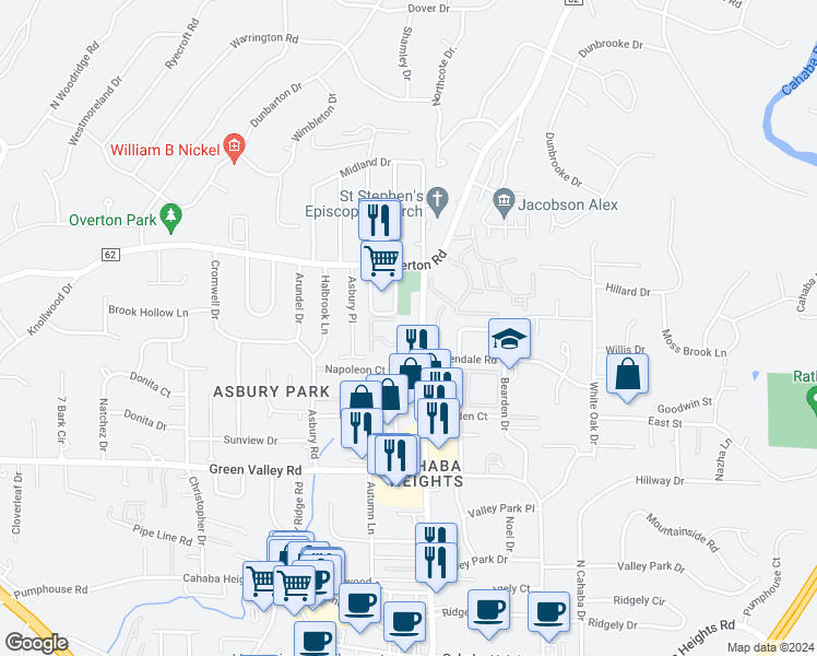 map of restaurants, bars, coffee shops, grocery stores, and more near 3860 Crosshaven Drive in Vestavia Hills