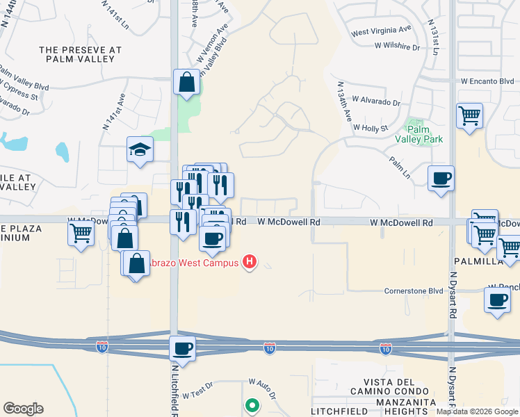 map of restaurants, bars, coffee shops, grocery stores, and more near 1653 North 136th Lane in Goodyear