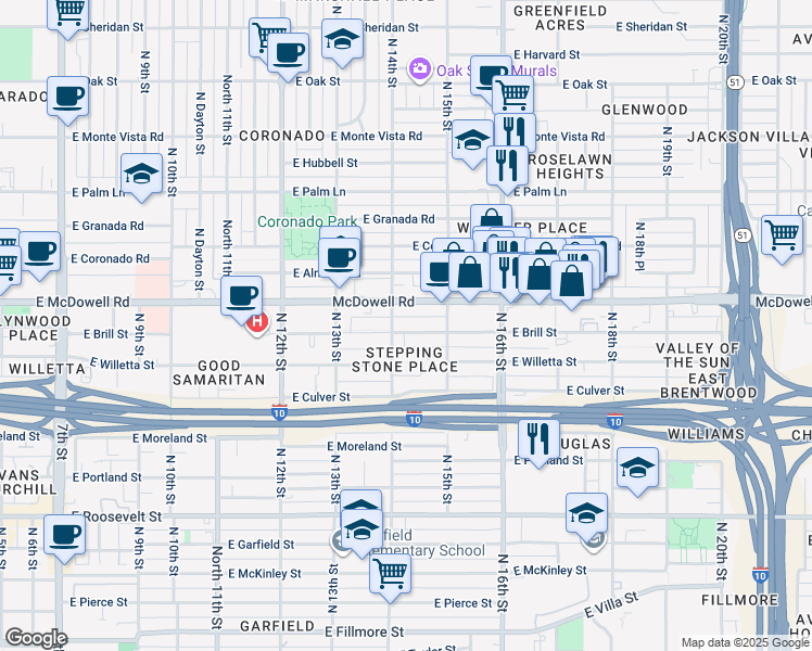 map of restaurants, bars, coffee shops, grocery stores, and more near 1412 East Brill Street in Phoenix