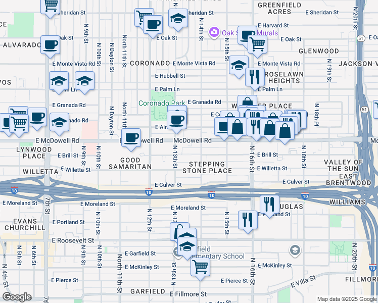 map of restaurants, bars, coffee shops, grocery stores, and more near 1326 East Brill Street in Phoenix