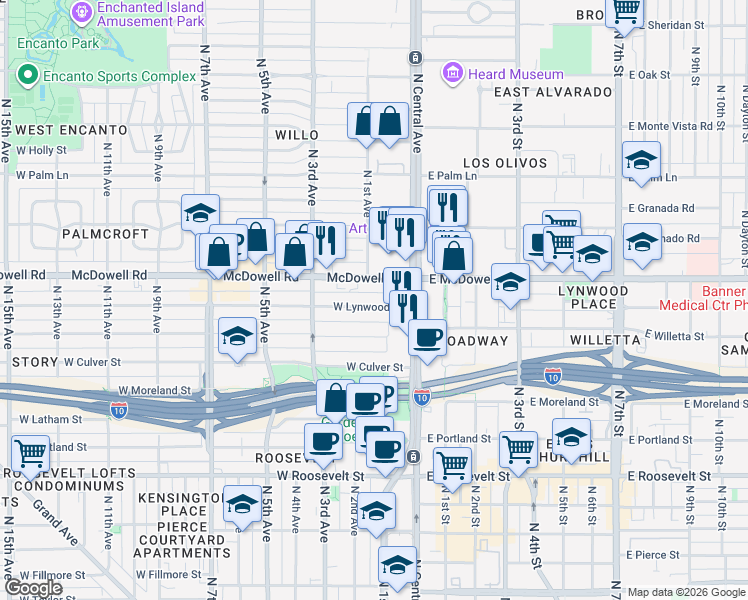 map of restaurants, bars, coffee shops, grocery stores, and more near 38 West Lynwood Street in Phoenix