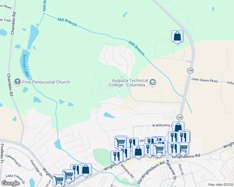 map of restaurants, bars, coffee shops, grocery stores, and more near 2216 Guy Drive in Grovetown