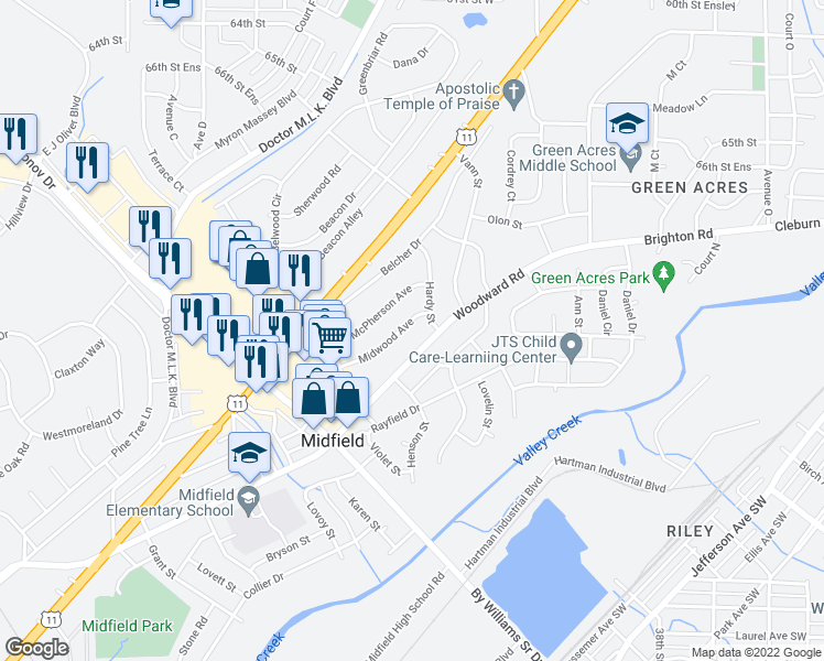 map of restaurants, bars, coffee shops, grocery stores, and more near 357 Midwood Avenue in Birmingham