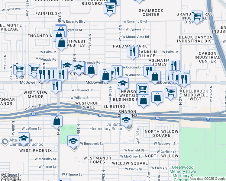 map of restaurants, bars, coffee shops, grocery stores, and more near 1423 North 32nd Avenue in Phoenix