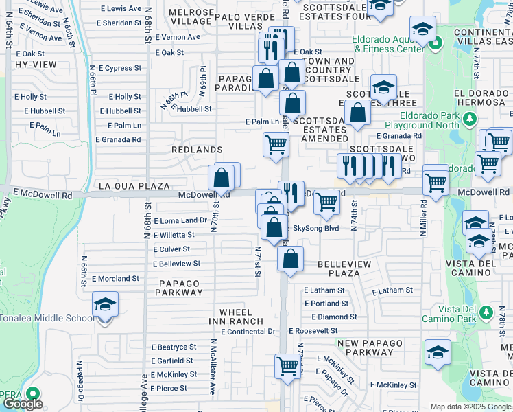 map of restaurants, bars, coffee shops, grocery stores, and more near 7049 East McDowell Road in Scottsdale