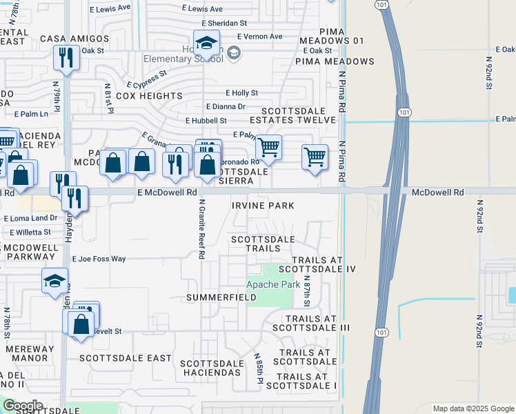 map of restaurants, bars, coffee shops, grocery stores, and more near 8521 East McDowell Road in Scottsdale