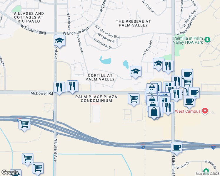 map of restaurants, bars, coffee shops, grocery stores, and more near 14313 West Almeria Road in Goodyear