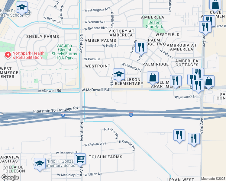 map of restaurants, bars, coffee shops, grocery stores, and more near 9085-9089 W McDowell Rd in Tolleson