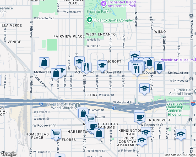 map of restaurants, bars, coffee shops, grocery stores, and more near 1146 West Lynwood Street in Phoenix