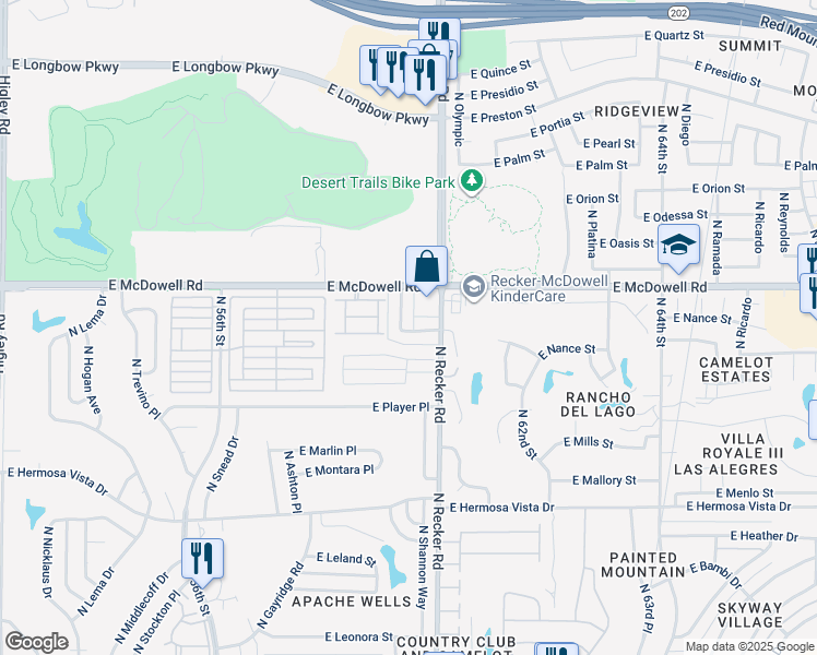 map of restaurants, bars, coffee shops, grocery stores, and more near 5950 East Norland Street in Mesa